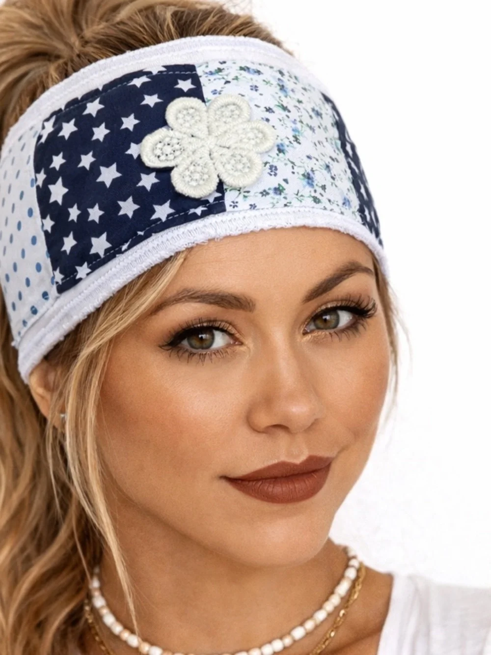Bohemian Hippie Patchwork Wide Headbands Duo Fits All Rhinestone Cotton Linen